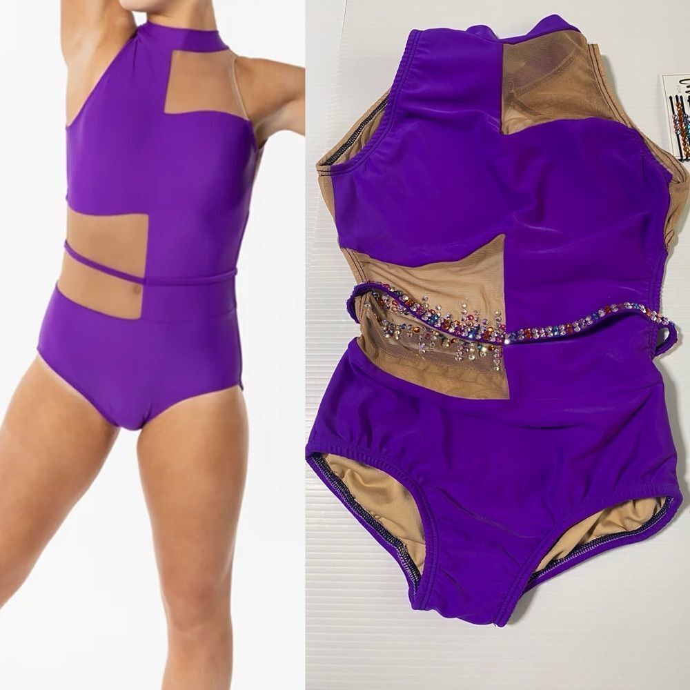 AA dance design solo costume JOURNEY leotard purple mesh cutout LC-large child